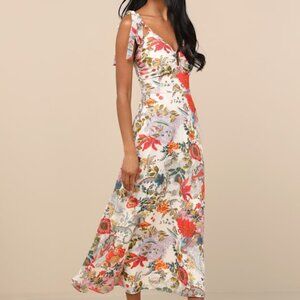 Lulus Simply Blissful Ivory Multi Floral Tie-strap A-line Midi Dress White